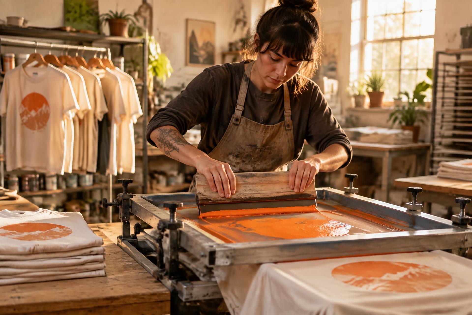 Generated concept image of a printmaker pulling orange ink across a screen printing press; not a verified Mychal's workshop