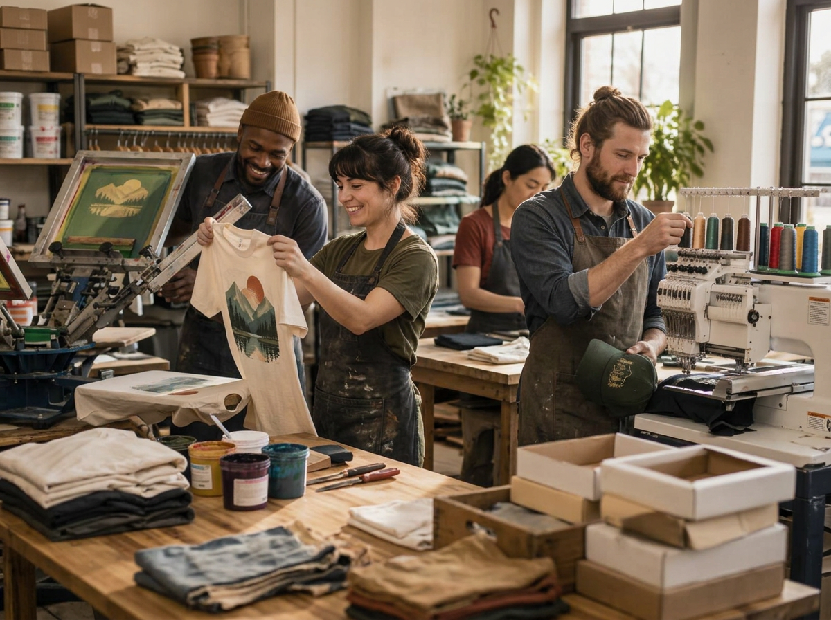 Generated concept image of people working together in a print and embroidery workshop; not verified Mychal's team members