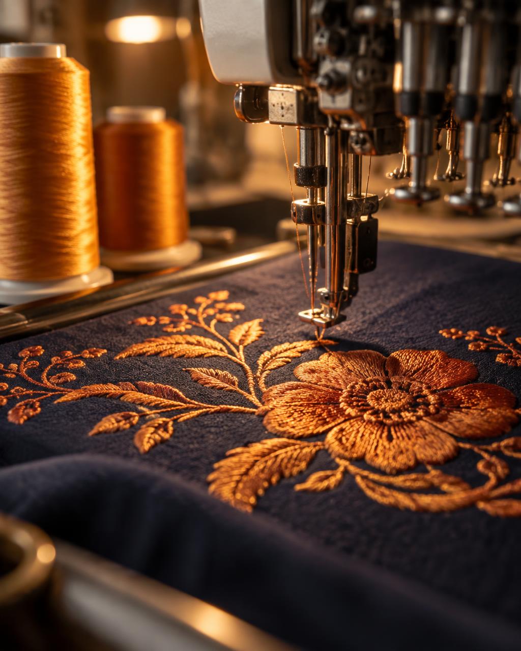 Generated illustrative image of an embroidery machine stitching orange thread onto navy fabric