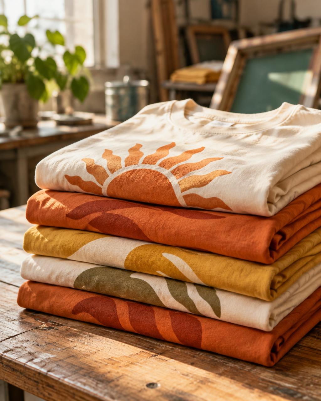 Generated illustrative image of screen-printed shirts in warm colors on a wooden table