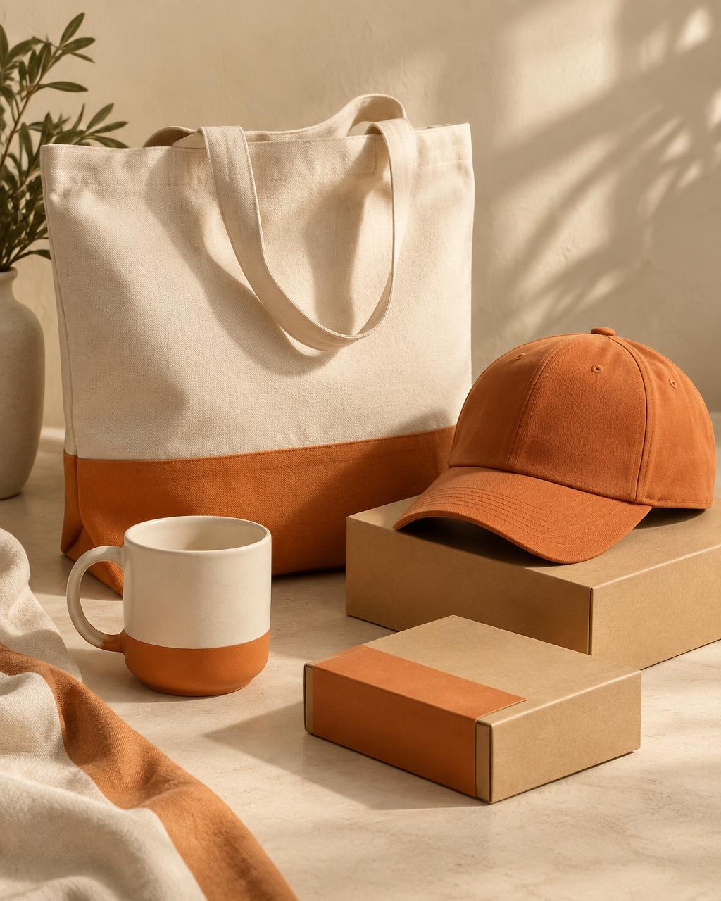 Generated illustrative image of a tote bag, mug, cap and boxes on a neutral surface
