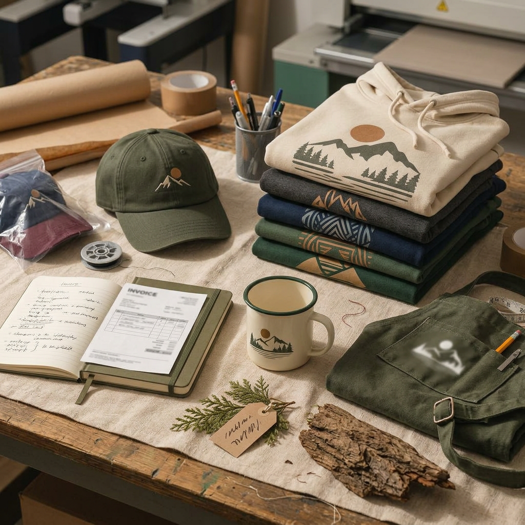 Generated conceptual imagery, not verified Mychal's client work: Custom business merchandise arranged on a practical workbench