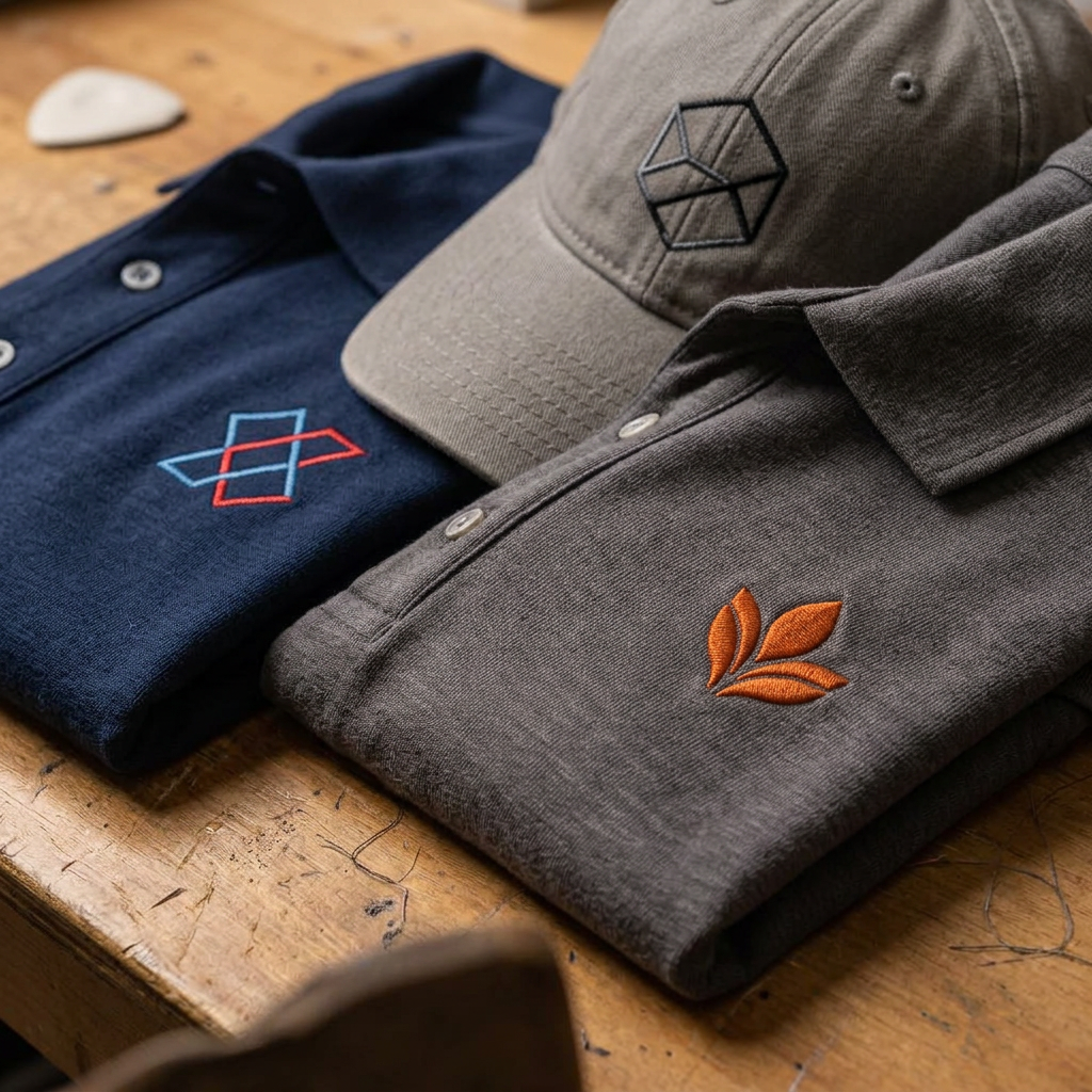 Generated conceptual imagery, not verified Mychal's client work: Close-up of embroidered details on polos and a cap