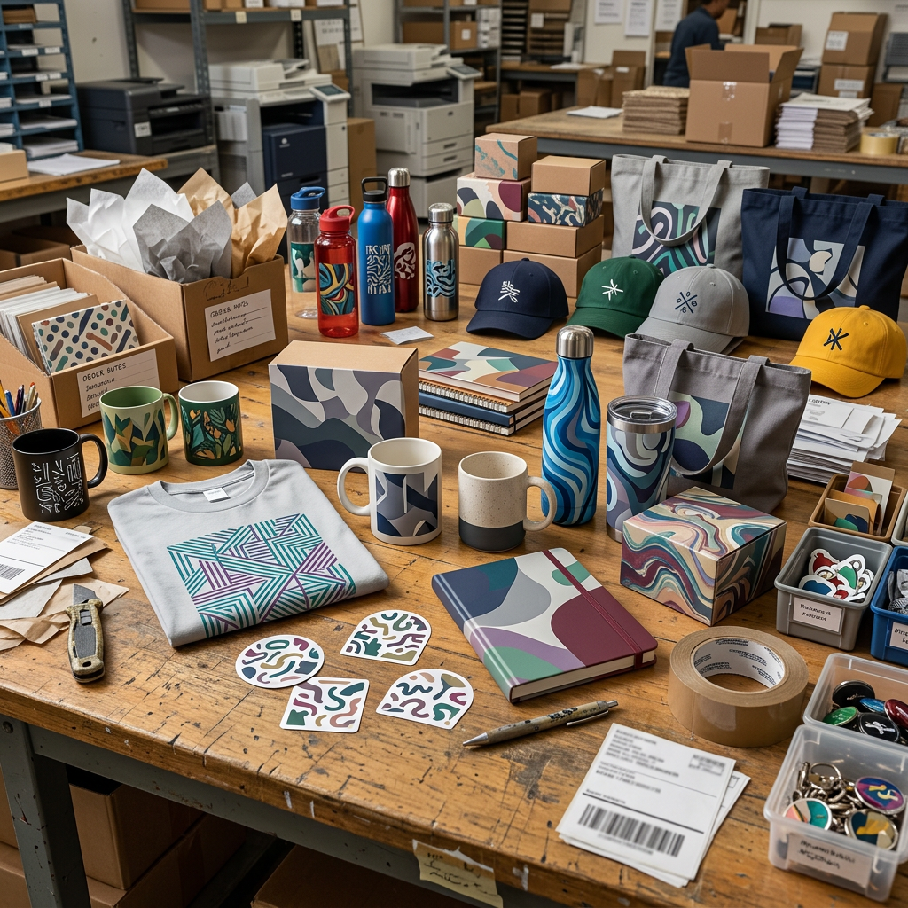 Generated conceptual imagery, not verified Mychal's client work: Assorted custom promotional products on a busy packing table