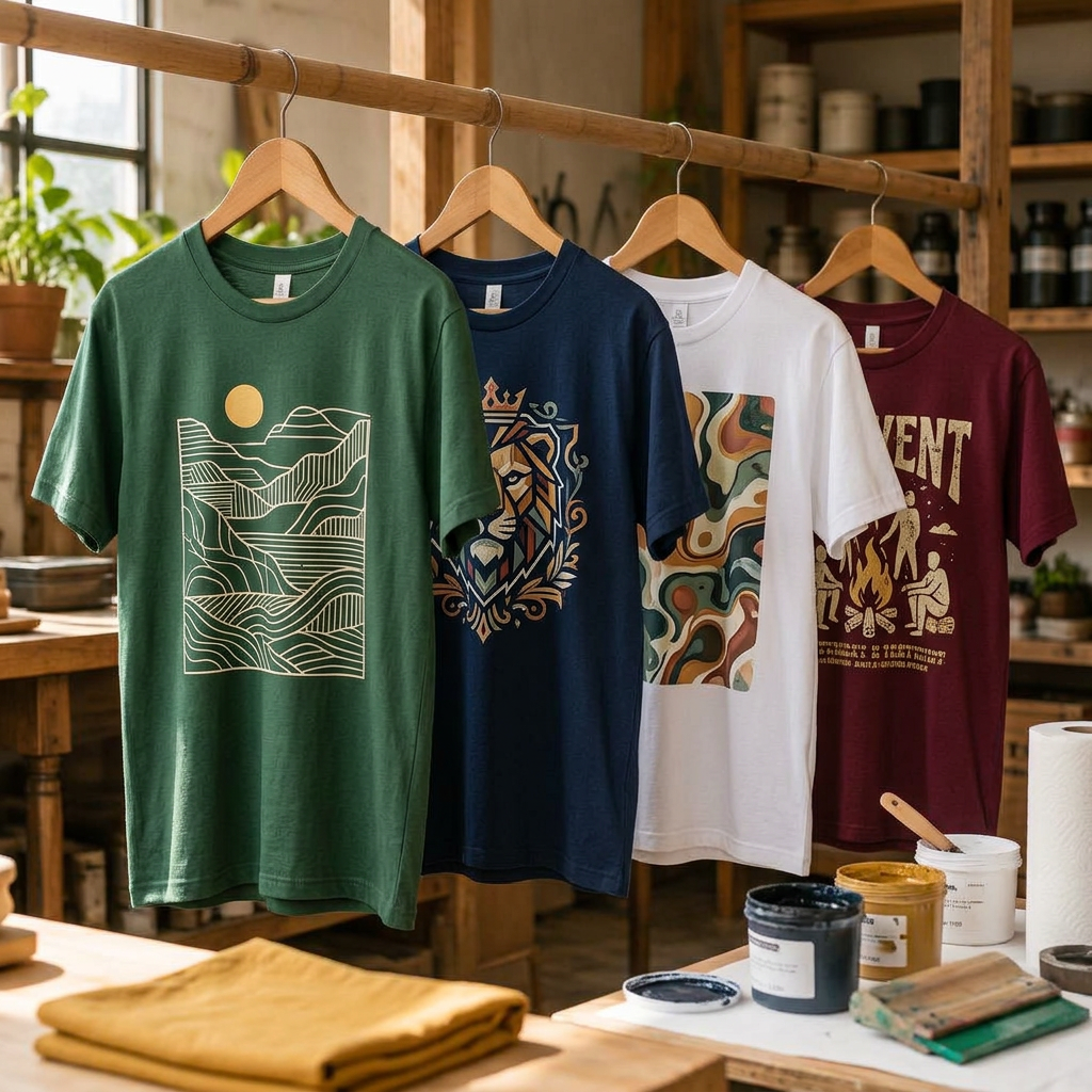 Generated conceptual imagery, not verified Mychal's client work: Custom screen-printed shirts hanging on a wooden rack