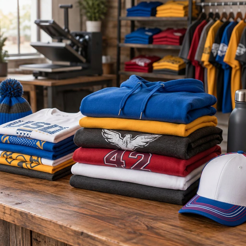 Generated conceptual imagery, not verified Mychal's client work: Folded team and school merchandise in varied colors
