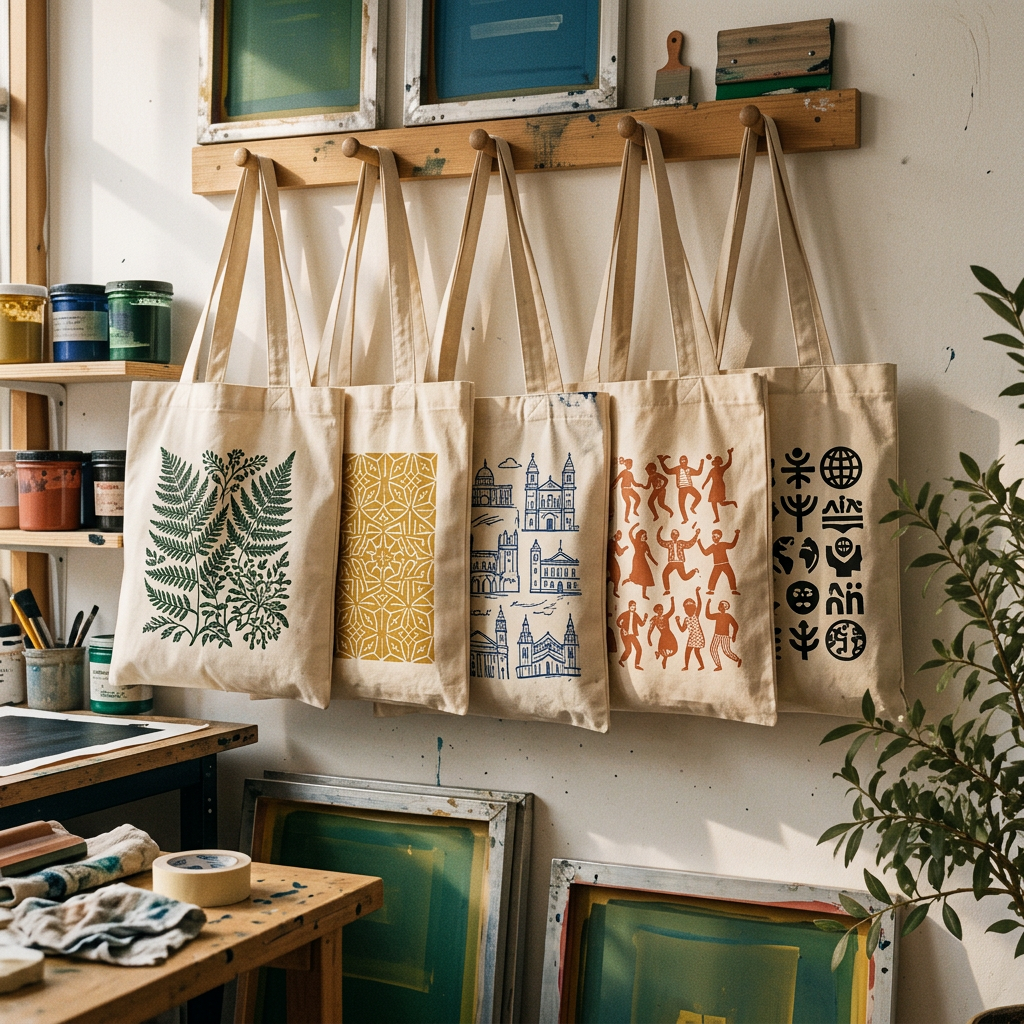 Generated conceptual imagery, not verified Mychal's client work: Canvas tote bags with varied custom prints hanging in a workshop